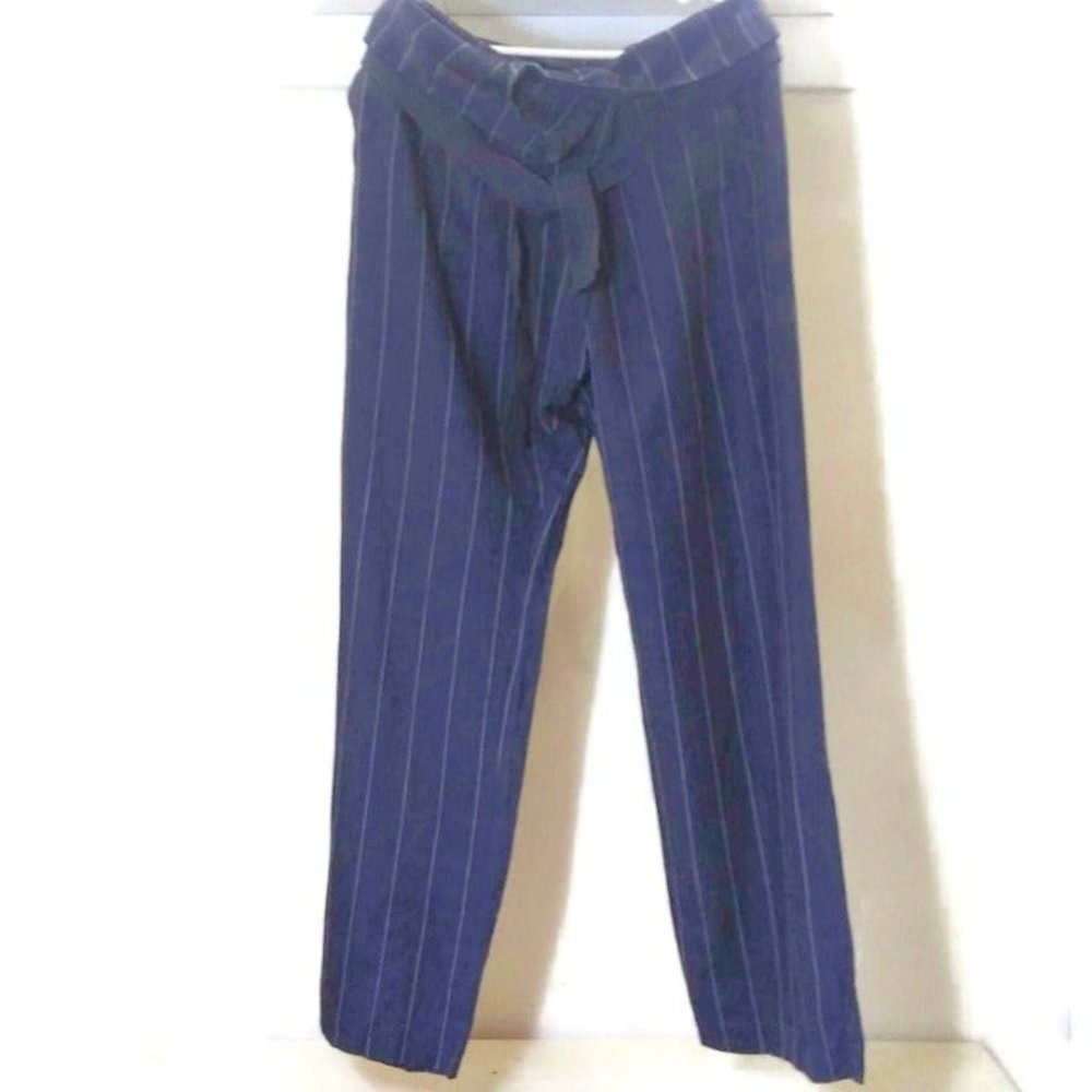Women Mango Pants Tie Waist Wide Leg Blue/White Striped Comfort Pants Size 8
